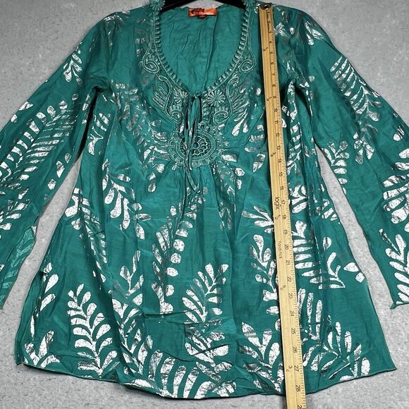 Hale Bob Top Womens Small Teal Silk Blend Metallic Gold Leaf Cabana Beach Tunic - Picture 9 of 14